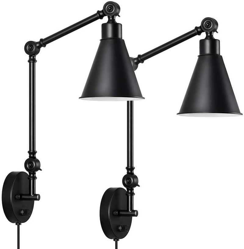 Swing Arm Wall Lamp, Dimmable Wall Sconce with On/Off Switch Industrial Wall Light Fixtures Set of 2 for Bedside Reading Living Room Lobby Hallway, Black Plug-In/Hardwire Home & Garden > Lighting > Lighting Fixtures > Wall Light Fixtures KOL DEALS   