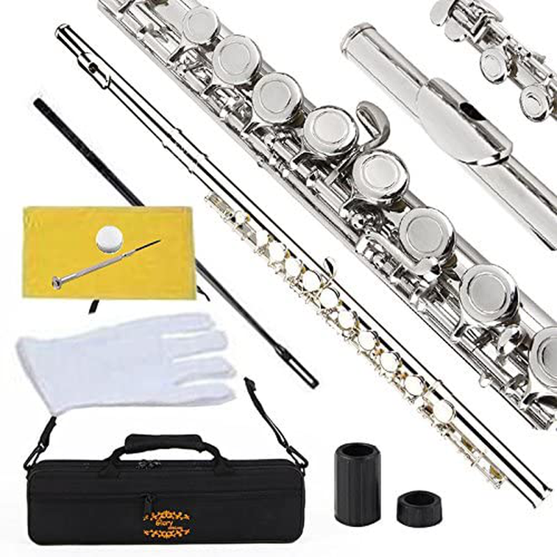 Glory Closed Hole C Flute With Case, Tuning Rod and Cloth,Joint Grease and Gloves Nickel/Laquer-More Colors available,Click to see more colors  GLORY Nickel  