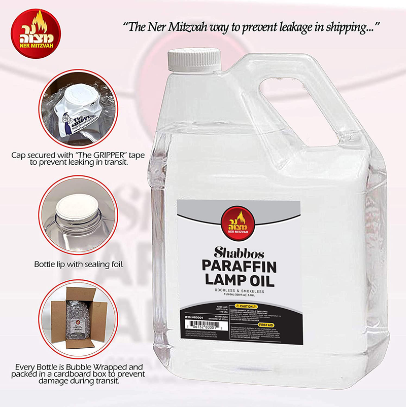 Ner Mitzvah 1 Gallon Paraffin Lamp Oil - Clear Smokeless, Odorless, Clean Burning Fuel for Indoor and Outdoor Use - Shabbos Lamp Oil - 6 Pack