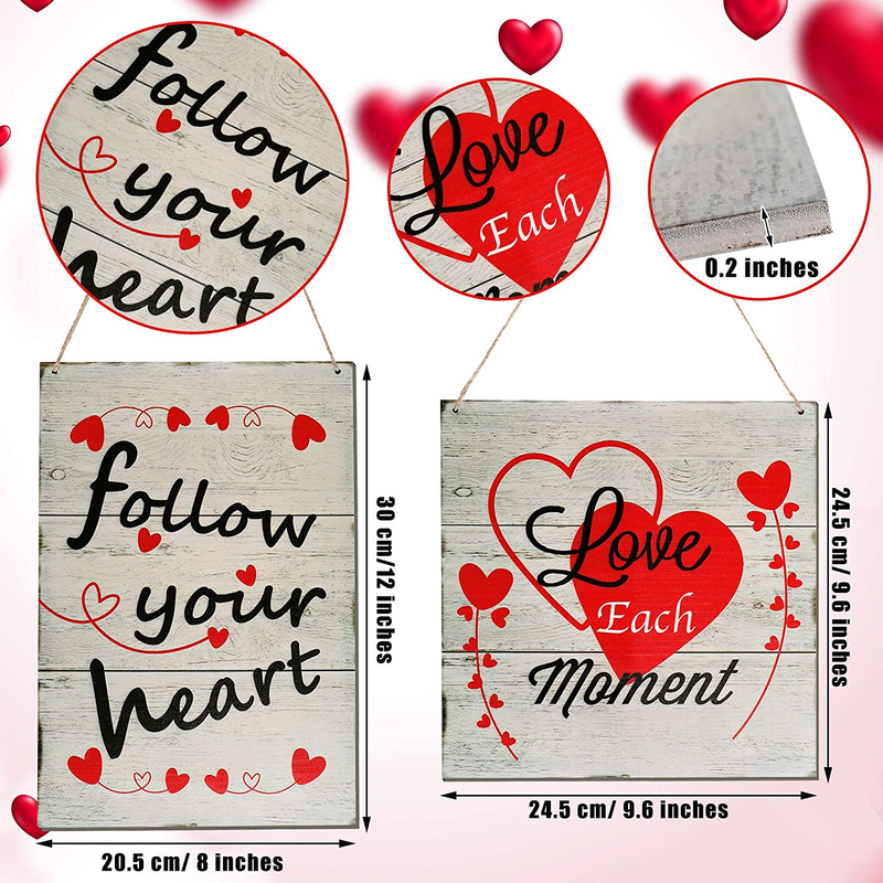 Jetec 2 Pieces Valentine'S Day Wood Hanging Sign Follow Your Heart Love Each Moment Wall Hanging Wooden Decoration Sign for Valentine'S Day, Wedding, Party, Anniversary, Home Decoration Home & Garden > Decor > Seasonal & Holiday Decorations Jetec   