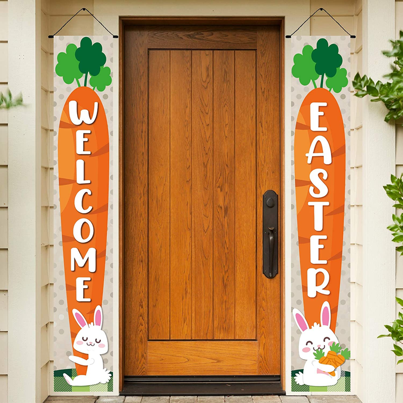 Happy Easter Day Porch Sign, Hello Spring Decoration Hanging Banner for Front Porch Door Home Indoor Outdoor, Decorated with Easter Eggs Easter Basket Easter Bunny Easter Lily Tulip Home & Garden > Decor > Seasonal & Holiday Decorations BBGM5 Color B  