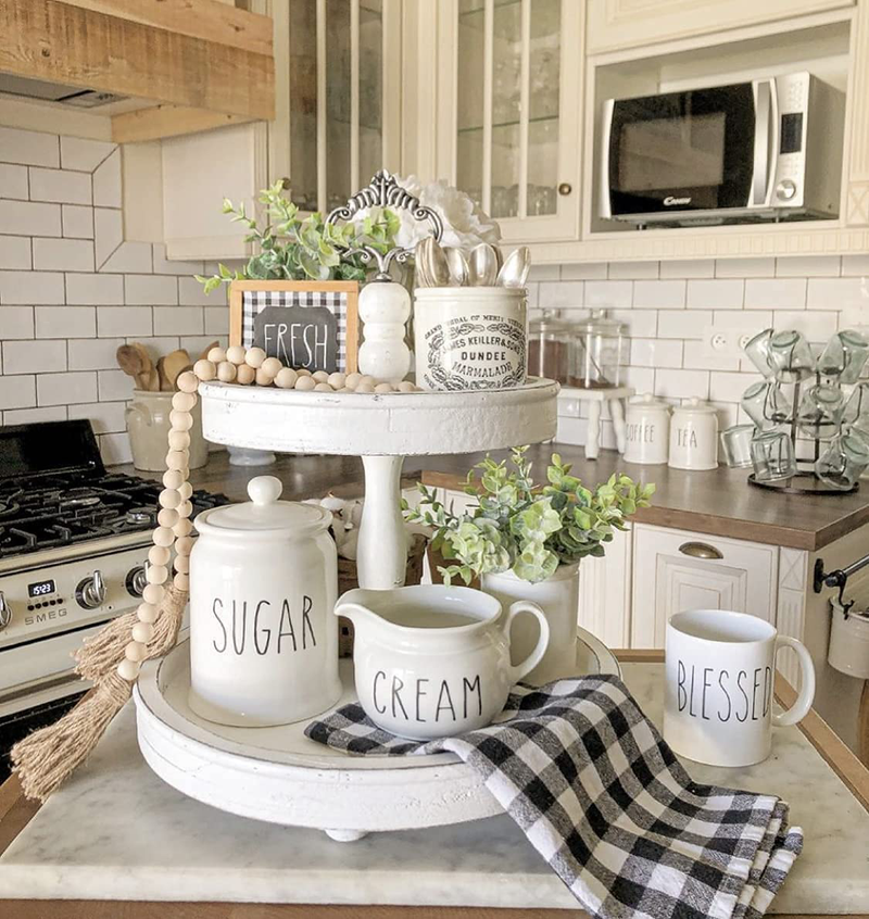 Rustic Wood Two Tiered Tray by Felt Creative Home Goods - Farmhouse 2 Tier Serving Tray for Coffee Bar, Kitchen Counter, Dining Room Table, Cupcake Stand with Changeable Decorative Handles (White) Home & Garden > Decor > Decorative Trays Set Sail Commerce Inc.   