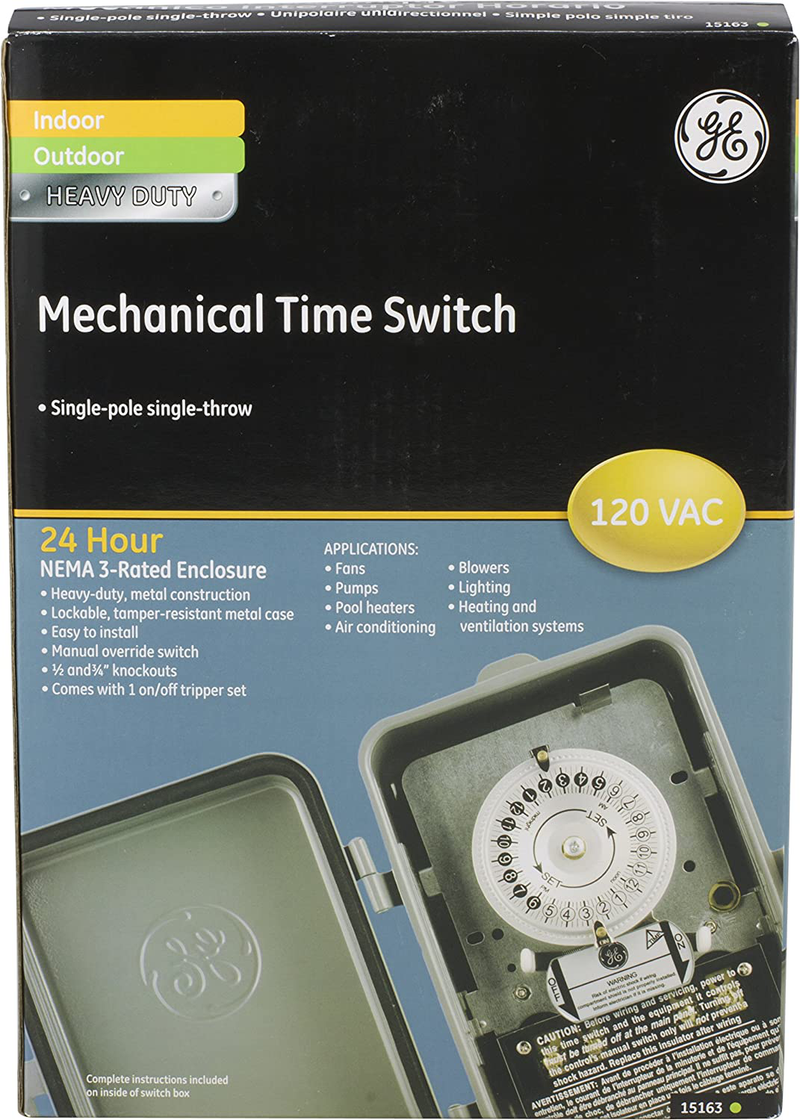 GE 24-Hour Indoor/ Outdoor Mechanical Time Switch, 40 Amp 120 Vac 5Hp Box Timer, Single Pole Single Throw, Nema 3-Rated Metal Tamper Resistant Enclosure, For Fans, Pumps, Air, & Heating, 15163, Indoor/Outdoor 120VAC
