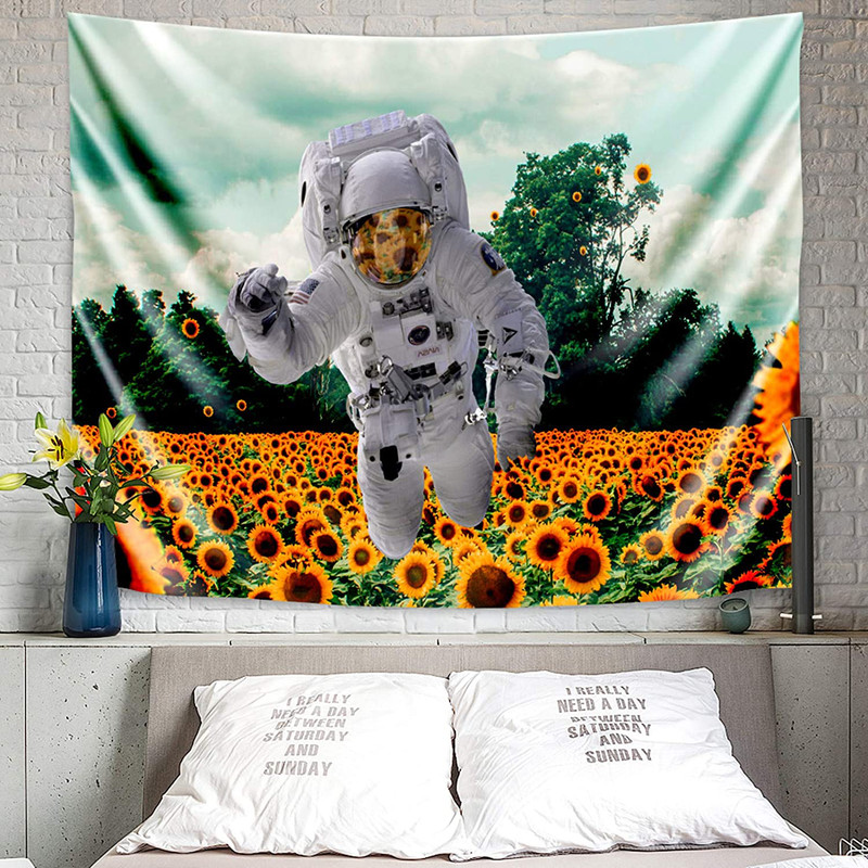MENTAIQI Vibrant Trippy Sunflower Spaceman Tapestry, Psychedelic Hippie Astronaut Roam at The Sunflower Field Art Wall Hanging Decorations for Room Dorm Home & Garden > Decor > Artwork > Decorative Tapestries MENTAIQI Yellow 51.2" × 59.1" 