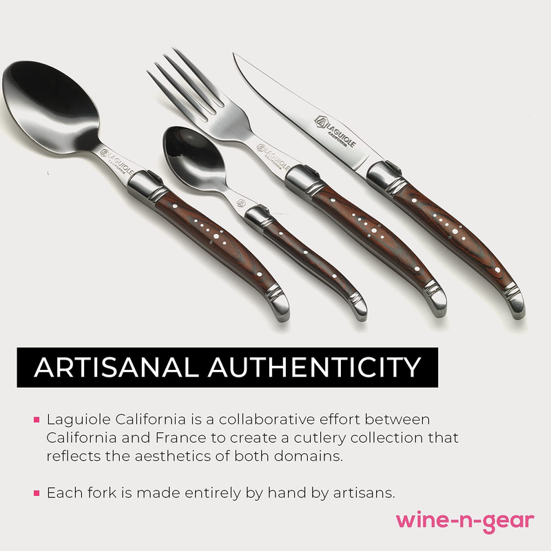 Laguiole California Silverware Cutlery Set - 24 Piece Rosewood Set - Ergonomic Handles - Stored in a California Oakwood Gift Box - Stainless Steel - Kitchen and Dinnerware - Spoon and Fork