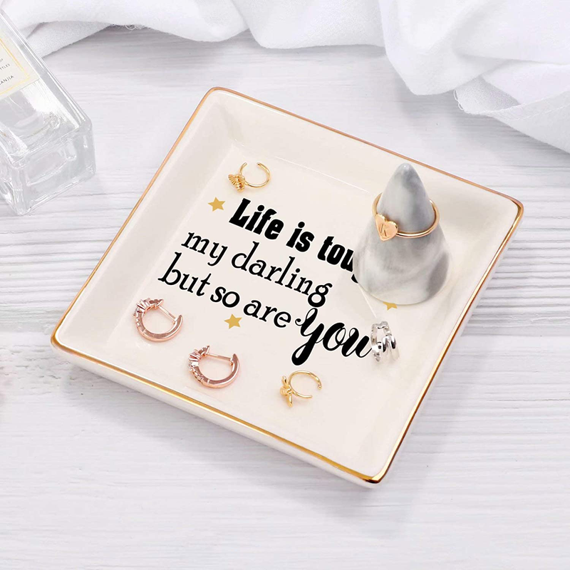 Gifts for Women Girls, Ceramic Ring Dish Decorative Trinket Plate Initial Jewelry Tray Dish, Mothers Day Valentines Gifts for Her Grandma Mom Daughter Sister Friend Birthday