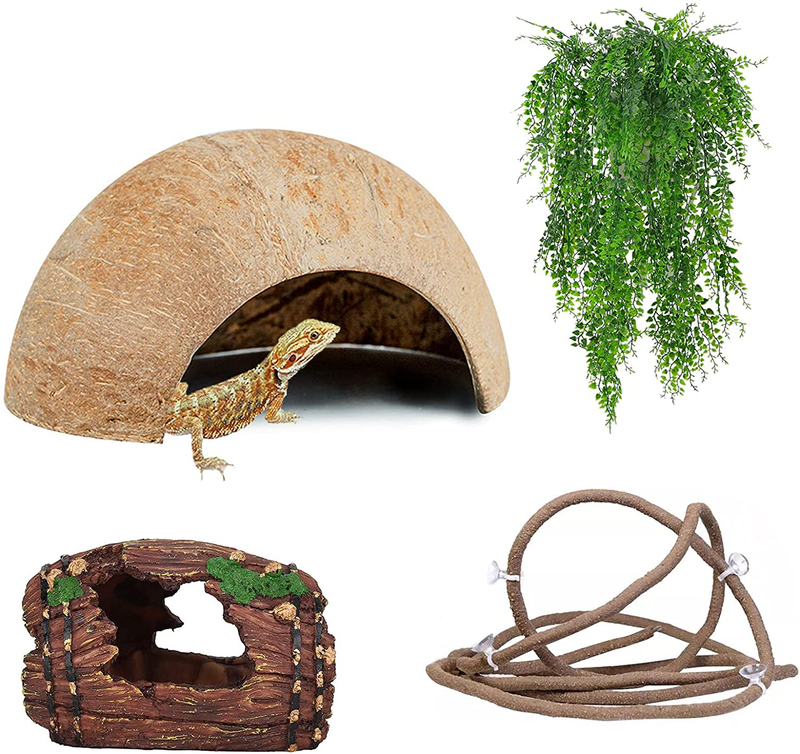 HERCOCCI Leopard Gecko Tank Accessories, Coconut Shell Hideout Cave Reptile Climbing Vine Habitat Decor with Hanging Reptile Plants for Chameleon Lizard Snake Hermit Crab Animals & Pet Supplies > Pet Supplies > Reptile & Amphibian Supplies HERCOCCI Default Title  