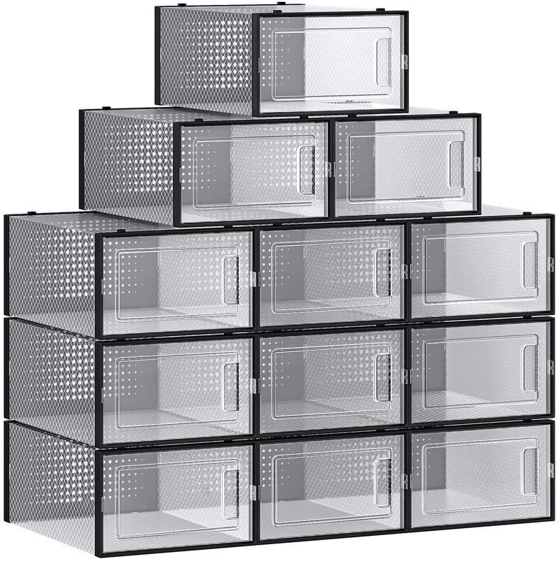 SONGMICS Shoe Boxes, Pack of 12 Shoe Storage Organizers, Stackable Clear Plastic Boxes for Closet, Sneakers, 9.1 X 13.1 X 5.5 Inches, Fit up to US Size 8.5, Transparent and Black ULSP006B12 Furniture > Cabinets & Storage > Armoires & Wardrobes SONGMICS   