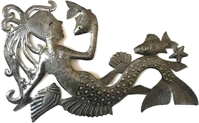 Mermaid Talking with Fish, Nautical Beach Sea Life Decorative Plaques, Handmade in Haiti 17 x 10 Inches