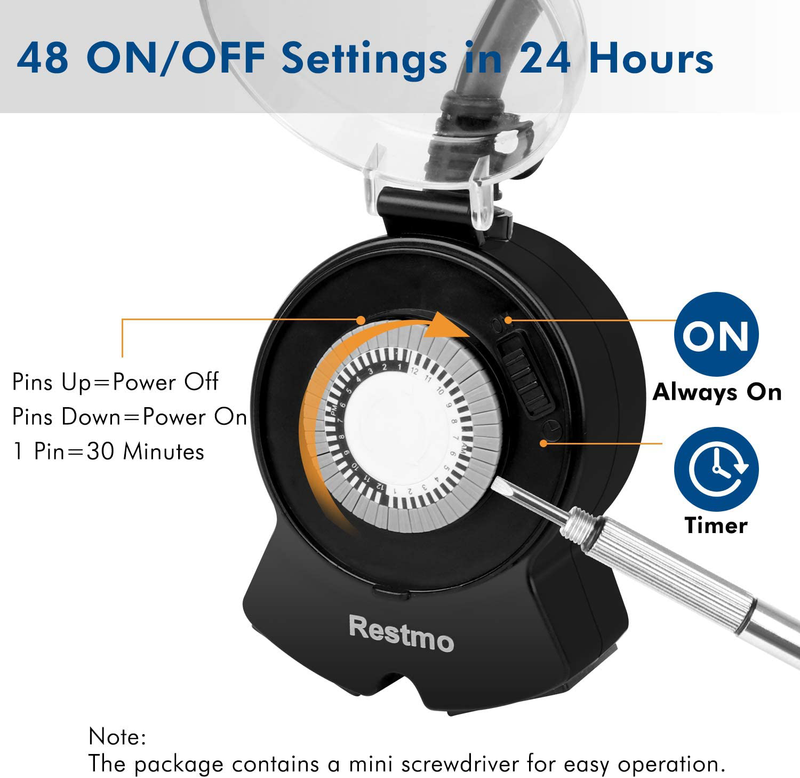 RESTMO Outdoor Timer Waterproof, Dual Wide-Spaced Outlets | Heavy Duty | Plug-in | 24-Hour Programmable | Mechanical Control, Ideal for Pool Pump, Fountain and Holiday Decoration Light, ETL Listed Home & Garden > Lighting Accessories > Lighting Timers Restmo   