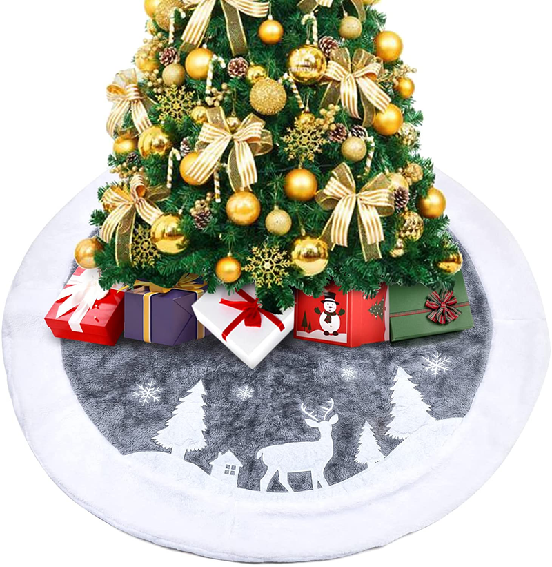 Christmas Tree Skirt with Reindeer Pattern, 36" Faux Fur Tree Skirt Grey Super Soft Tree Skirt with Deer and Snowflake Pattern for Ornaments Home Party Christmas Decorations Home & Garden > Decor > Seasonal & Holiday Decorations& Garden > Decor > Seasonal & Holiday Decorations HJ-12 36  