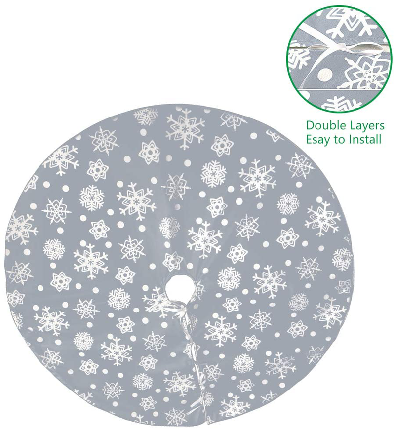 Christmas Tree Skirt- 48 Inch Large Xmas Tree Skirt Grey and White Snowflake Tree Skirt, Double Layer Holiday Party Tree Mat Rustic Christmas Decorations Xmas Ornaments