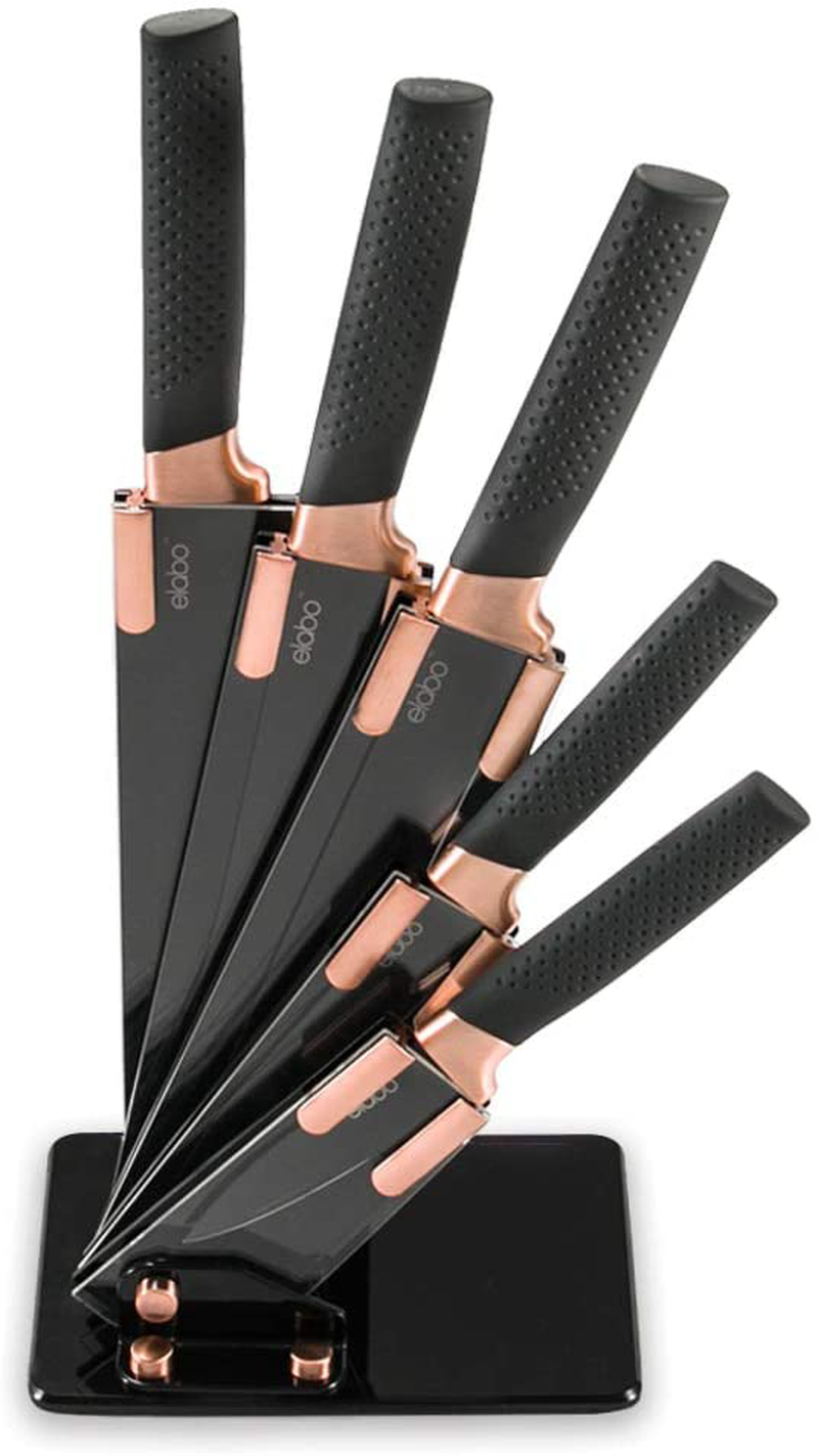 elabo 5 Pieces Black Kitchen Knife Set Stainless Steel Non Stick Coating Knives with Base, Rose Gold Handle,