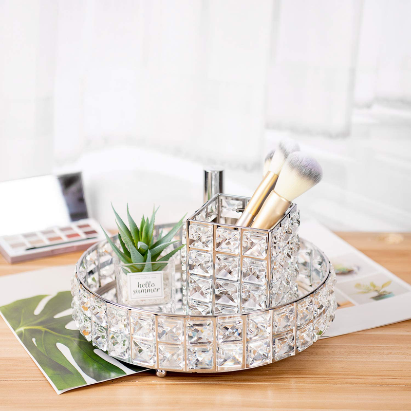 Feyarl Anti-Scratch Glass Mirror Surface Crystal Vanity Makeup Tray Ornate Jewelry Trinket Tray Organizer Sparkly Bling Cosmetic Perfume Bottle Tray Decorative Home Decor Dresser Skin Care Storage Home & Garden > Decor > Decorative Trays Feyarl   