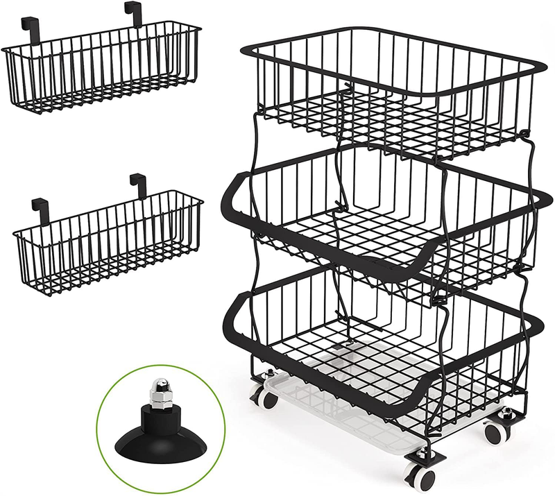 Fruit Basket, 1Easylife 3 Tier Stackable Metal Wire Basket Cart with Rolling Wheels, Utility Rack for Kitchen, Pantry, Garage, with 2 Free Baskets (5 Tier) Home & Garden > Kitchen & Dining > Food Storage 1Easylife 3 tier  