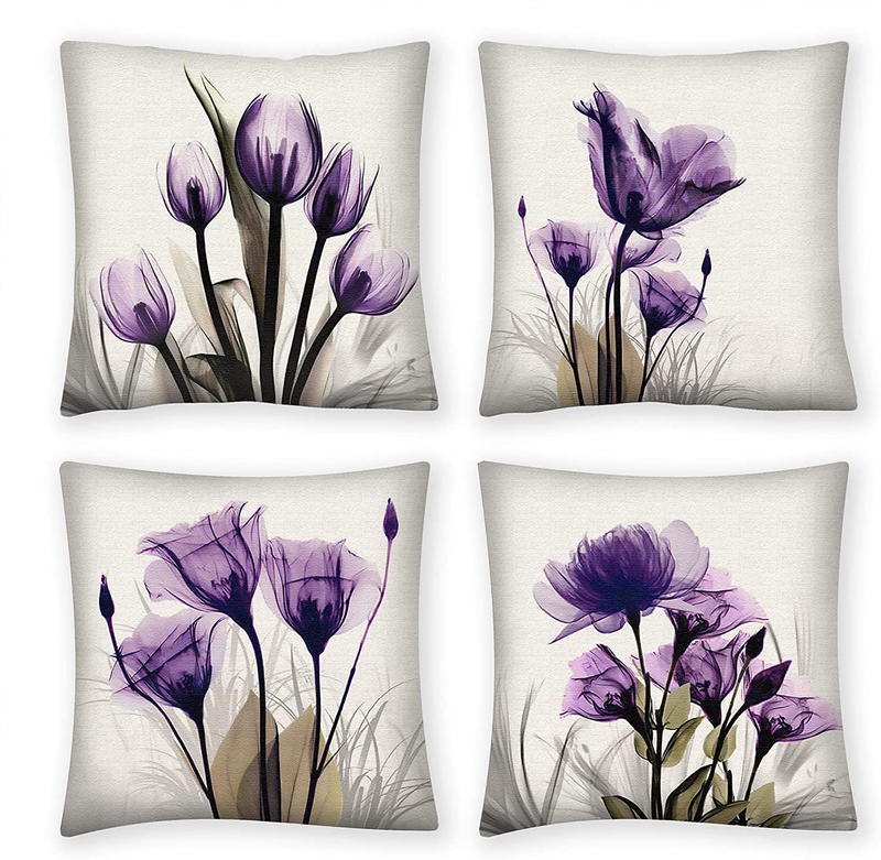Throw Pillow Covers 18X18 Set of 4, Decorative Pillows for Couch Bed, Sofa Pillows Decorations for Living Room,Purple Flower Outdoor Pillows Couch Cushion Covers for Home Bedroom Car Home & Garden > Decor > Chair & Sofa Cushions QZZYWL Purple Flower  