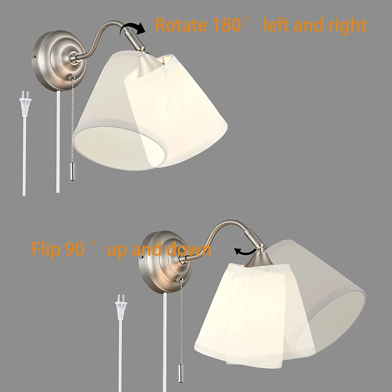 Plug in Swing Arm Wall Sconce Set of 2 ，YILYNN Wall Light with Switch and Fabric Shade, Bedside Wall Lamp with Matte Nickel Finish ，Suitable for Bedroom Bedside Living Room Bathroom Study Foyer