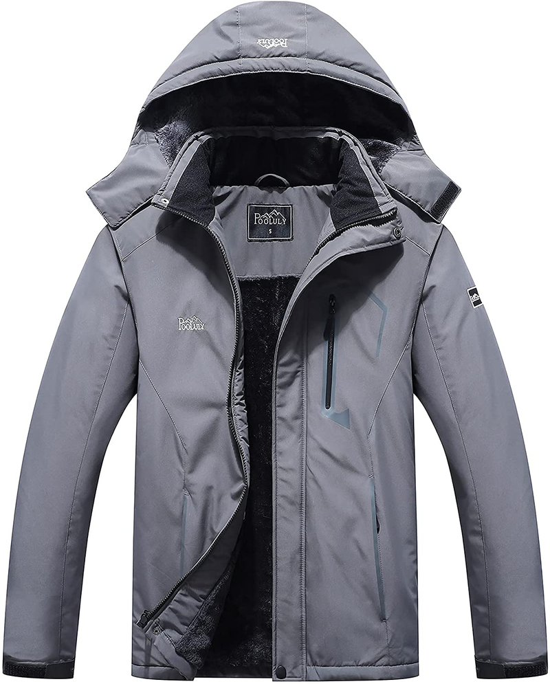 Pooluly Men's Ski Jacket Warm Winter Waterproof Windbreaker Hooded Raincoat Snowboarding Jackets  Pooluly Dark Gray Large 