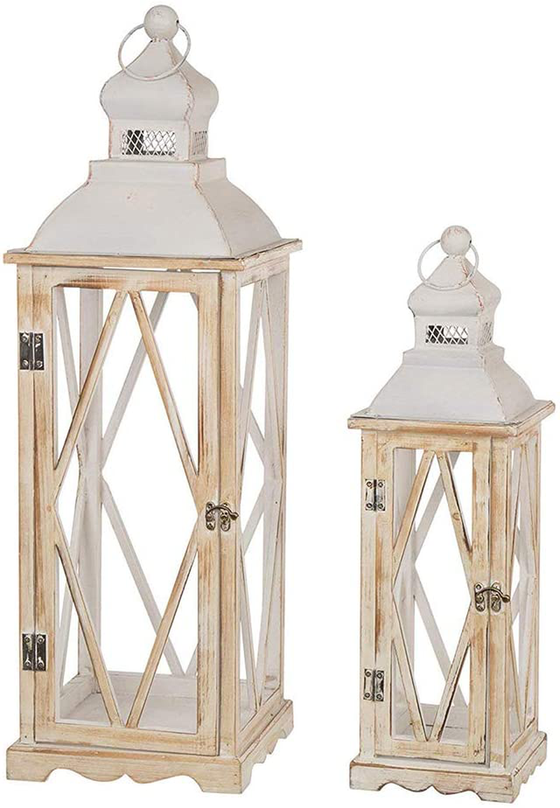 glitzhome Farmhouse Wood Metal Lanterns Decorative Hanging Candle Lanterns White Set of 2 (No Glass)