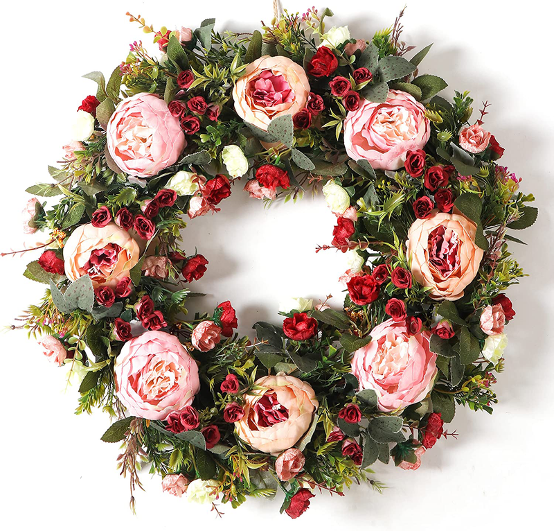 Peony Spring Wreath for Front Door 24Inch Handmade Pink Floral Wreath Artificial Spring Summer Fall Winter Wreath for Door Wall Windows Deco(Large) Home & Garden > Decor > Seasonal & Holiday Decorations BingooPan   