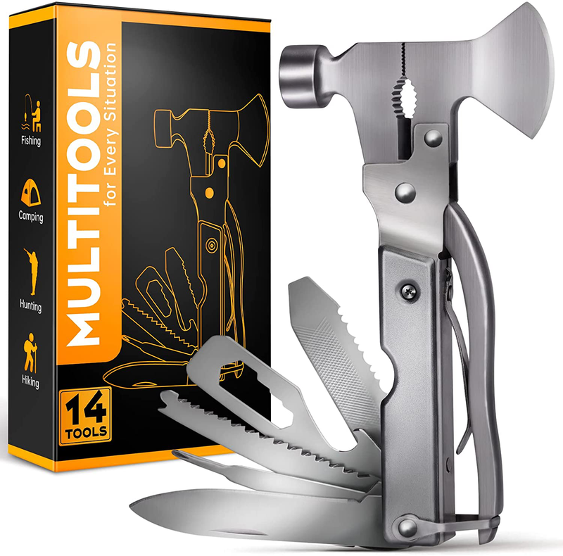 Stocking Stuffers for Men Gifts for Christmas, 14 in 1 Multitool Hatchet Gift for Men Women Multitool Camping Axe Hammer Saw Screwdrivers Pliers Birthday Gifts for Dad Husband Grandpa Him Fathers Sporting Goods > Outdoor Recreation > Camping & Hiking > Camping Tools GREENEVER Multitool Axe Silver  