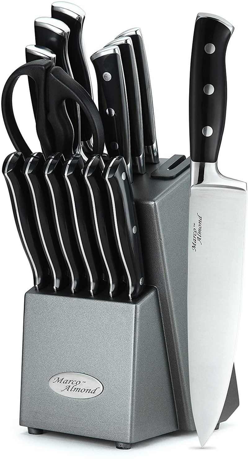 Marco Almond KYA28 Knife Set, 14 Pieces Japanese High Carbon Stainless Steel Cutlery Kitchen Knife Set with Hardwood Block, Hollow Handle Self Sharpening Knife Block Set, Black, Best Gift