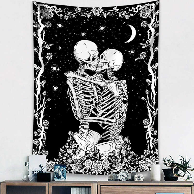 Haibimen Skull Tapestry Wall Hanging, Black and White Tapestry for Bedroom Skulls Kissing Lovers Skeleton Goth Tarot Ouija Dark Wall Decor (36‘’×48‘’) Home & Garden > Decor > Artwork > Decorative Tapestries Haibimen 44''×60''  