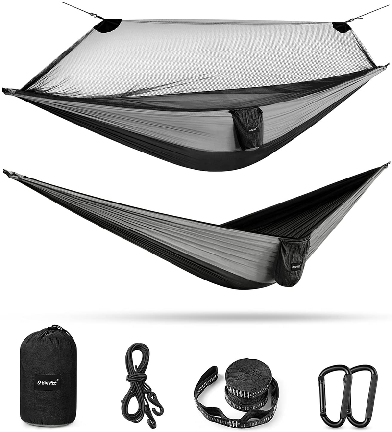 G4Free Double Camping Hammock with Net, Lightweight 2 Person Portable Hammock with Tree Straps for Indoor, Outdoor, Hiking, Camping, Backpacking, Travel, Backyard, Beach Sporting Goods > Outdoor Recreation > Camping & Hiking > Mosquito Nets & Insect Screens G4Free Black/Gray  