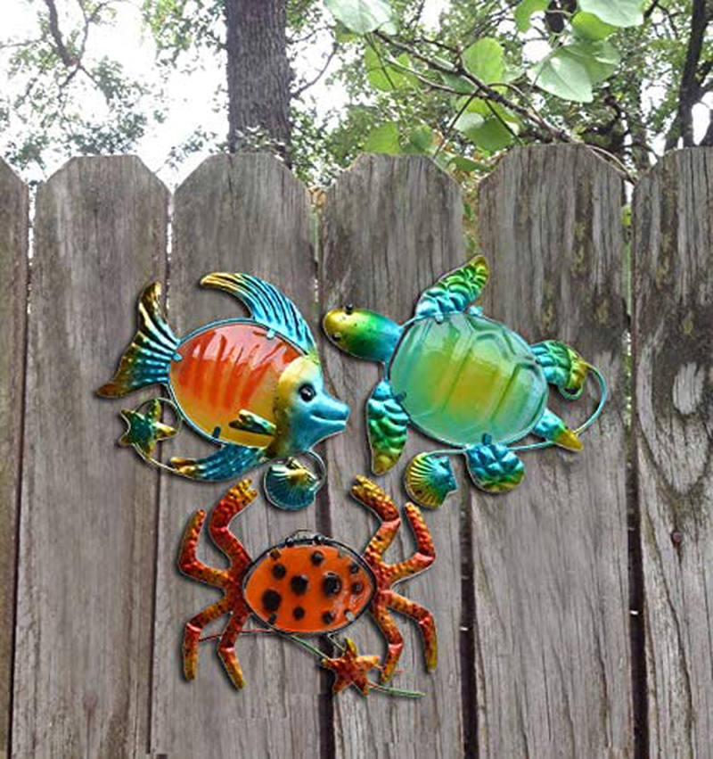 GIFTME 5 Metal Beach Wall Art Decor Set of 3 Metal Seaturtle Fish and Crab with Stained Glass Wall Art for Pool, Patio, Bathroom or Pool,Deck,Balcony Wall Decor(10 inch,Multicolor) Home & Garden > Decor > Artwork > Sculptures & Statues GIFTME 5   