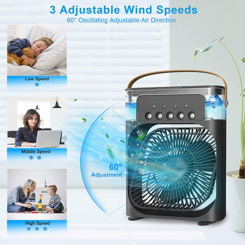 Portable Air Conditioner Fan, Personal Mini Small Evaporative Air Cooler Desktop Cool Mist Humidifier with 7 Colors LED Light, 1/2/3 H Timer, 3 Speeds & 3 Spray Modes for Room Office Home Travel