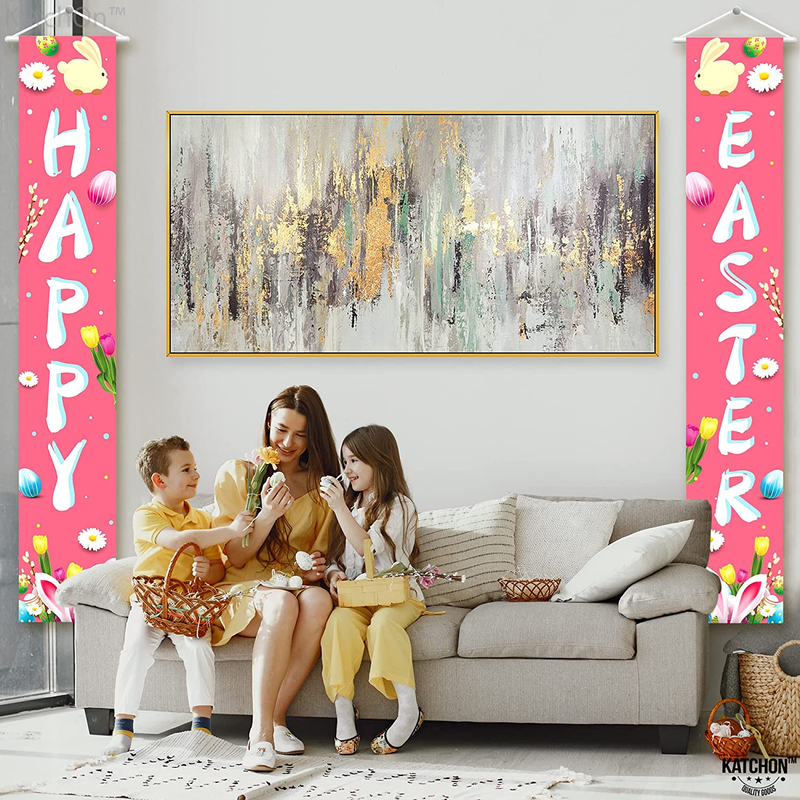 Large, Welcome Happy Easter Banner - 72X12 Inch | Bunny Easter Decorations Outdoor Indoor | Rabbit Spring Banner for Easter Hanging Decorations | Welcome Easter Party Decorations for Indoor, Outdoor