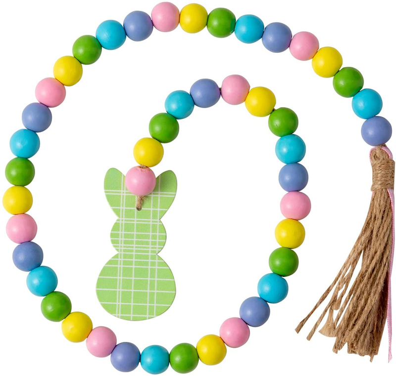 Hogardeck Easter Wood Bead Garland, 33.5 Inch Wooden Beads with Tassels and Bunny Tag Boho Decor Hanging Farmhouse Rustic Beads Easter Decorations for the Home Tiered Tray Mantel Shelf Wall Home & Garden > Decor > Seasonal & Holiday Decorations hogardeck Bunny  