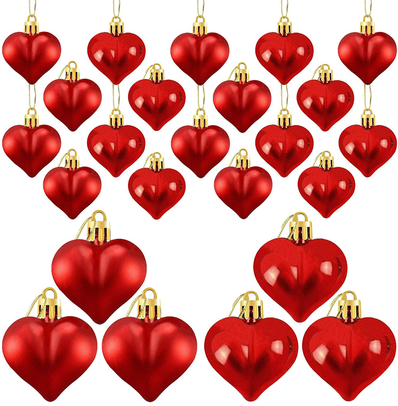 Ricluck 24 Pieces Valentine'S Day Heart Shaped Ornaments, Glossy and Matt Heart Baubles Hanging Decorations for Valentine'S Day Wedding Anniversary Home Party Decor
