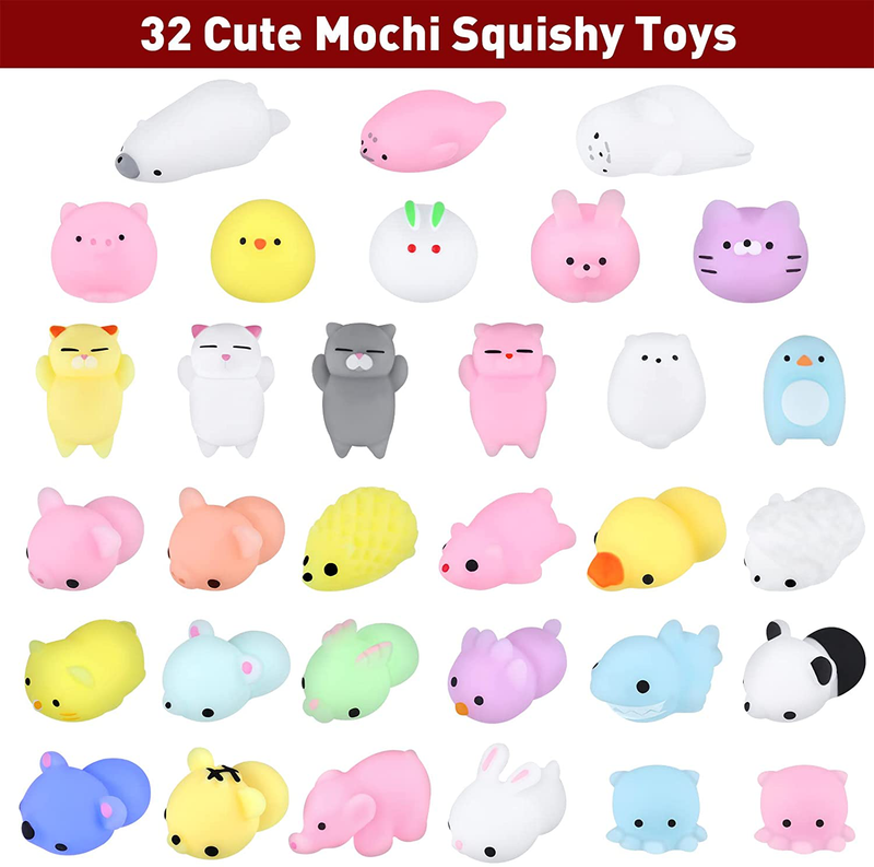 Fovths 32 Packs Valentine’S Day Gift Mochi Set Squeeze Animal Toys with 32 Mochi Squishy Filled Hearts 32 Gift Cards Red Ribbon Soft Stress Relief Toys for Valentine Gift Exchange Party Favors