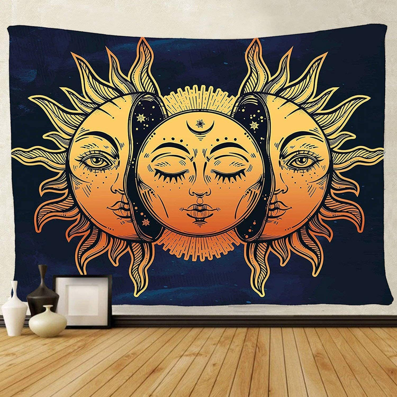 TENALY Tapestry Wall Hanging, Sun and Moon Psychedelic Small Wall Tapestry with Art Chakra Home Decorations for Bedroom Dorm Decor in 51x60 Inches Home & Garden > Decor > Artwork > Decorative Tapestries tenaly Yellow 51*60 inches 