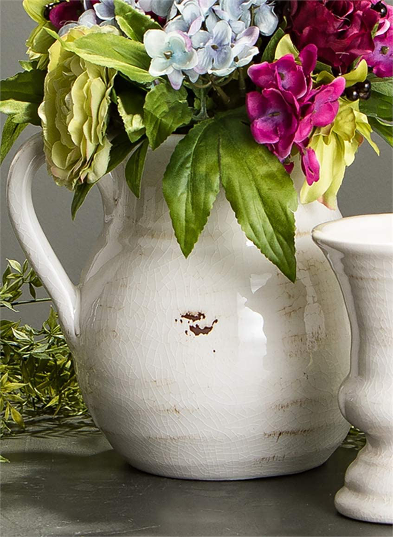 Sullivans Modern Farmhouse Decorative Ceramic Pitcher, 9 x 7 x 8 inches, Distressed Farmhouse Décor, Off-White Crackled Finish, Faux Floral Vase, Mantel, Dining Table and Living Room Décor (CM2515)