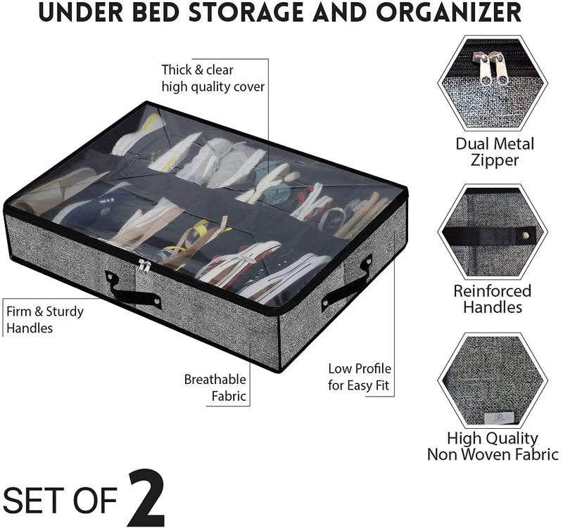 Luxeroots Design under Bed Shoe Storage Organizer-Set of 2 Fits Total 24 Pairs Shoe Organizer under the Bed Containers Storage Solution with Clear Cover Reinforced Handles and Strong Zipper. UTBSO-0001, Black Furniture > Cabinets & Storage > Armoires & Wardrobes Luxeroots Design   