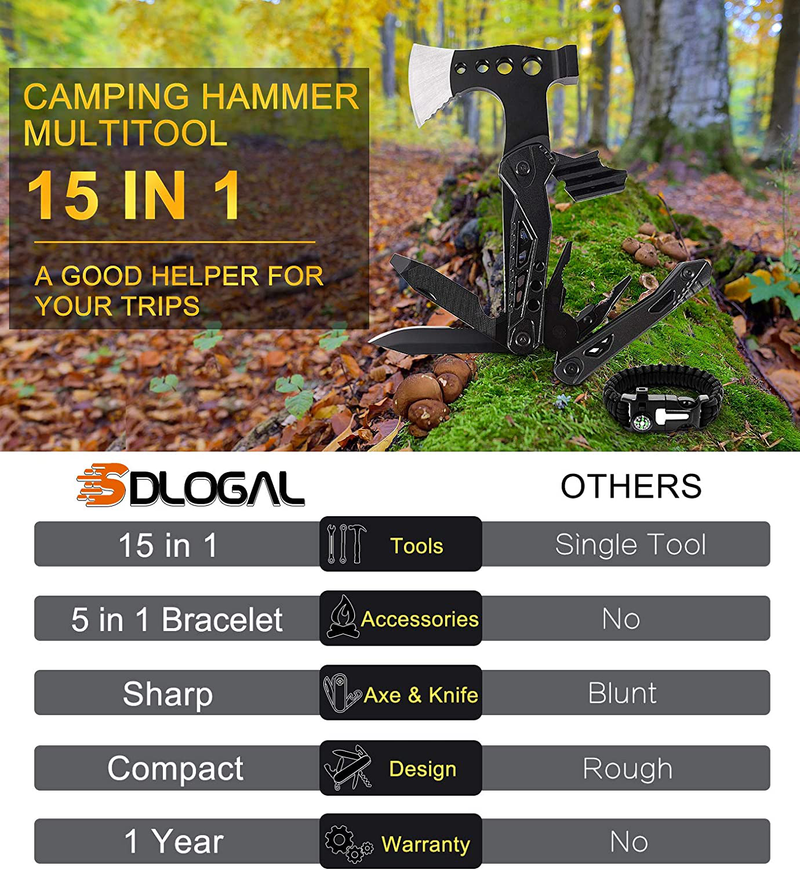 Sdlogal Multitool Camping Accessories 15 in 1 Tool Hatchet with Axe Hammer Saw Screwdrivers Pliers Wirecutter,5-In-1 Paracord Bracelet, Anniversary Birthday Cool Stuff Gifts for Dad Boyfriend Husband Sporting Goods > Outdoor Recreation > Camping & Hiking > Tent Accessories sdlogal   