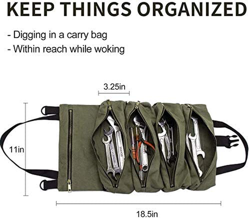 Super Roll Tool Roll,Multi-Purpose Tool Roll up Bag, Wrench Roll Pouch,Canvas Tool Organizer Bucket,Car First Aid Kit Wrap Roll Storage Case,Hanging Tool Zipper Carrier Tote,Car Camping Gear