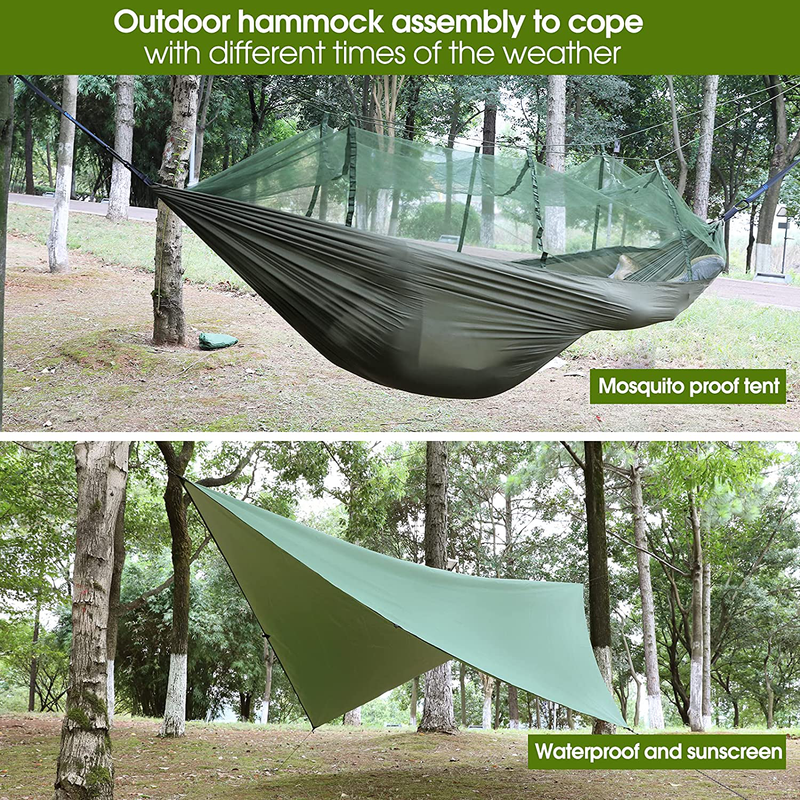 Portable Camping Hammock with Rain Fly Tarp and Mosquito Net Tent Tree Straps, Lightweight Nylon Hammocks for Hiking, Beach, Backyard, Patio, Backpacking Outdoor Activities