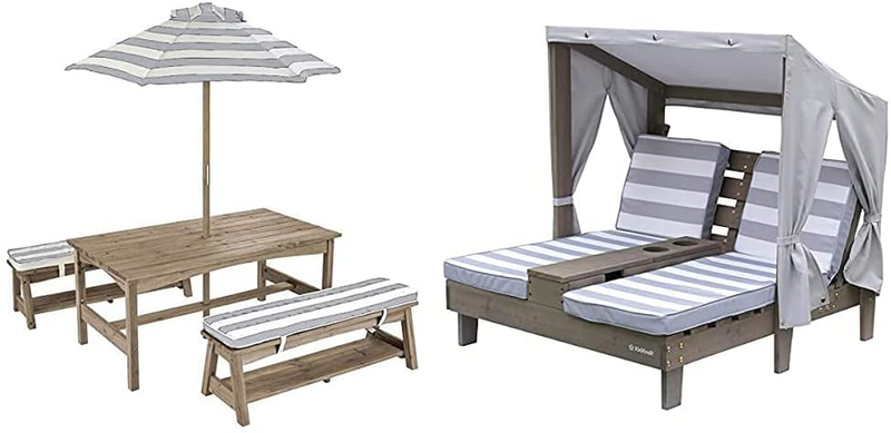 Kidkraft Wooden Outdoor Double Chaise Lounge with Cup Holders, Kid'S Patio Furniture, Gift for Ages 3+, Espresso with Oatmeal and White Striped Fabric, Gift for Ages 3-8 Sporting Goods > Outdoor Recreation > Camping & Hiking > Camp Furniture KidKraft Grey/Bundle  