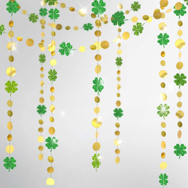 Gold Circle Dots Glitter Shamrock Clover Garland for St Patrick’S Day Decoration Lucky St Patricks Day Decor Spring Party Hanging Streamer Backdrop for Irish Baby Shower Birthday Party Supplies Arts & Entertainment > Party & Celebration > Party Supplies Cheerland   