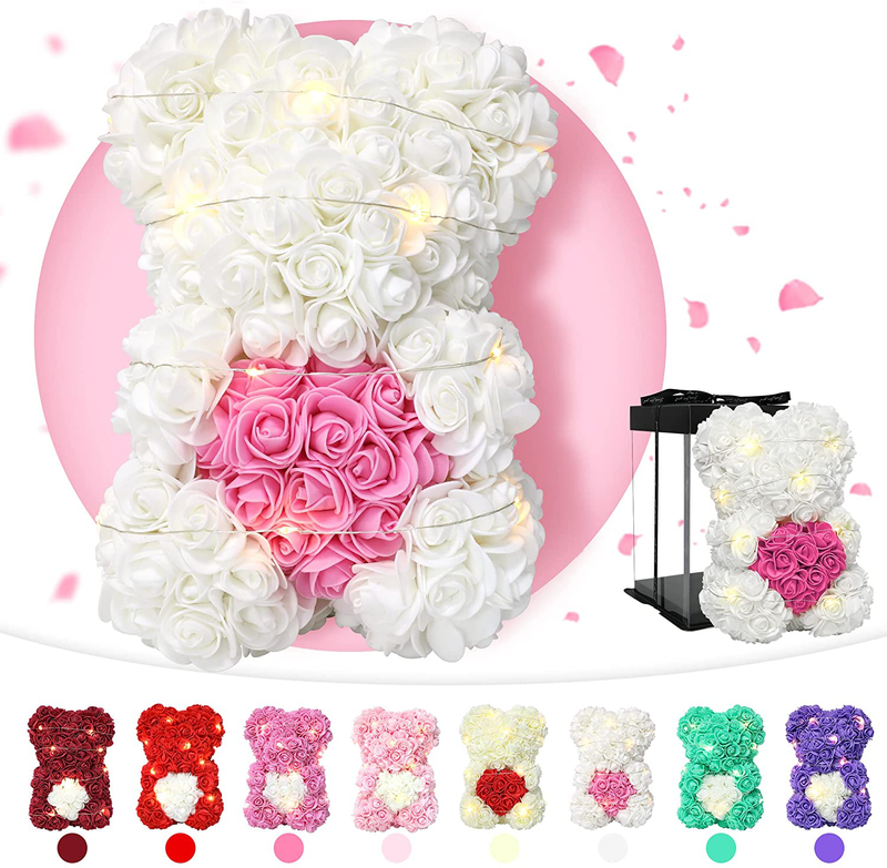 Rose Bear-Personalized Gifts for Her, Romantic Flower Bear Contains over 300 Artificial Flowers, Unique Gifts for Valentines Day Birthday, Handmade Sparkle Rose Teddy Bear (Light Pink Rose Bear) Home & Garden > Decor > Seasonal & Holiday Decorations Geousnest White Rose Bear  