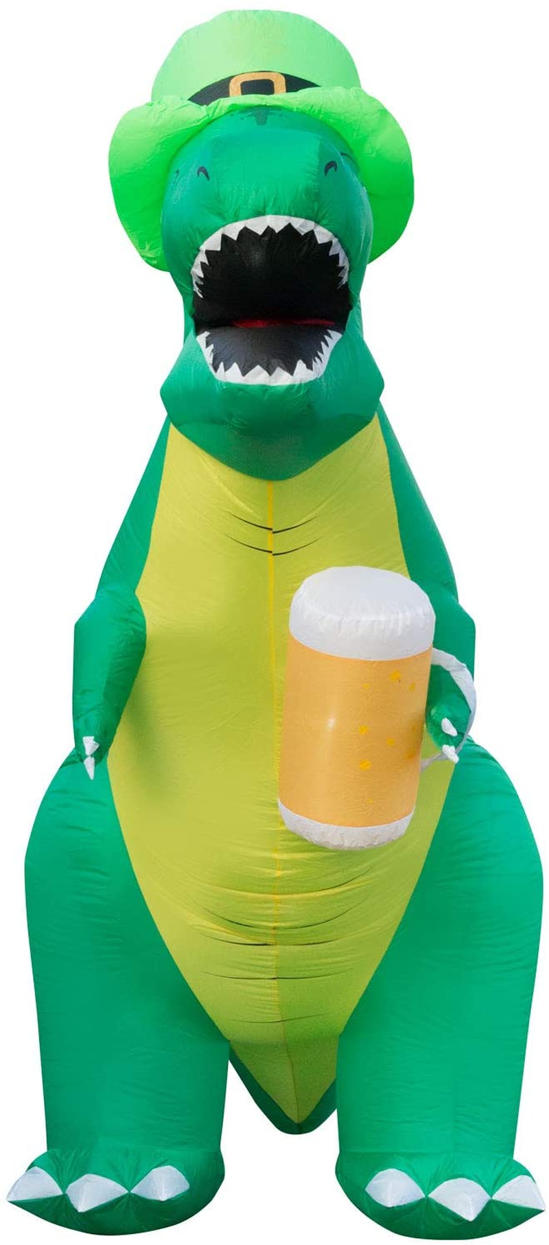 Holidayana 8Ft St Patricks Day Inflatable Trex - Dinosaur in Leprechaun Hat Holding Beer Mug Blow up Yard Decoration, Includes Built-In Bulbs, Tie-Down Points, and Powerful Built-In Fan