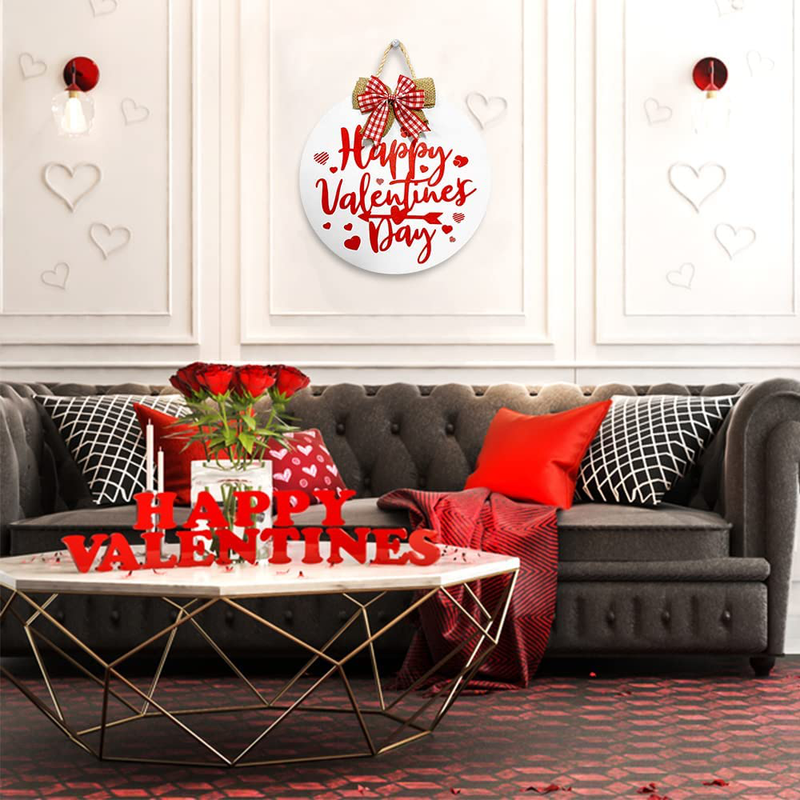 Happy Valentine'S Day Hanging Sign, round Wooden Red Heart Valentines Day Decor Front Door Sign with Ribbon Bow for Valentine'S Day Front Door Wall Rustic Farmhouse Porch Decorations, 12 Inch (Red) Home & Garden > Decor > Seasonal & Holiday Decorations amiatalo   