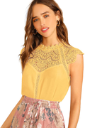 SheIn Women's Elegant Cap Sleeve Keyhole Contrast Lace Blouses Tops Arts & Entertainment > Hobbies & Creative Arts > Arts & Crafts SheIn Yellow X-Small 