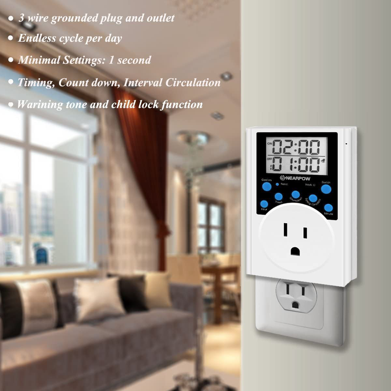 Timer Outlet, Nearpow Multifunctional Infinite Cycle Programmable Plug-in Digital Timer Switch with 3-Prong Outlet for Appliances, 15A/1800W