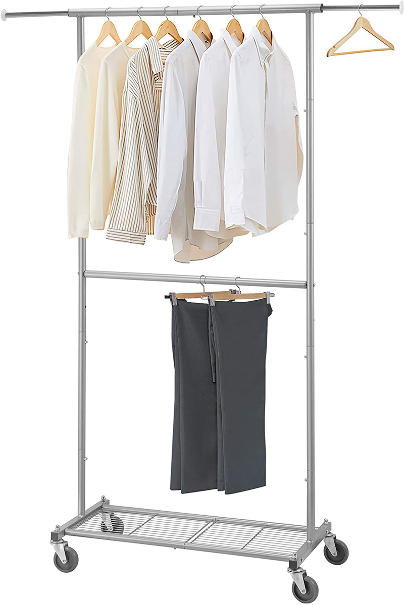 Simple Trending Standard Clothing Garment Rack, Rolling Clothes Organizer with Wheels and Bottom Shelves, Extendable, Bronze