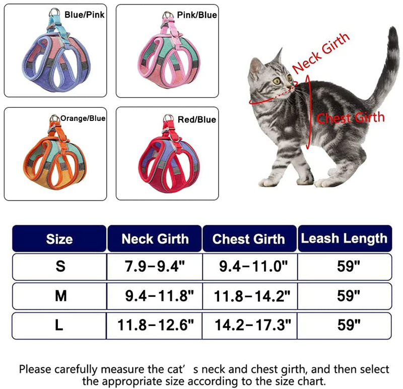 JSXD Cat Harness,Leash and Collar Set,Escape Proof Kitten Vest Harness for Walking,Easy Control Night Safe Pet Harness with Reflective Strap and Bell for Small Large Kitten,Fit for Puppy,Rabbit
