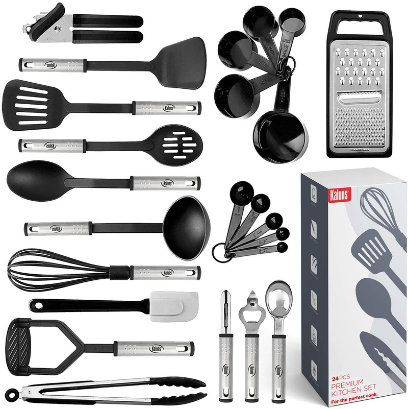 Kitchen Utensil Set 24 Nylon and Stainless Steel Utensil Set, Non-Stick and Heat Resistant Cooking Utensils Set, Kitchen Tools, Useful Pots and Pans Accessories and Kitchen Gadgets (Black) Home & Garden > Kitchen & Dining > Kitchen Tools & Utensils Kaluns Black 24 Pcs. 